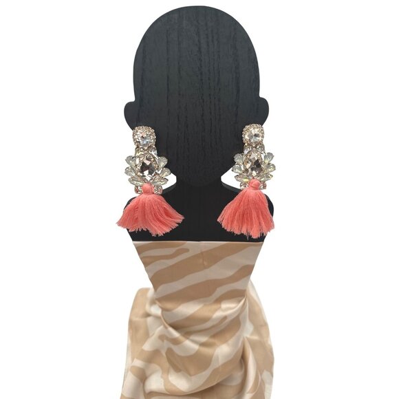 2/$24 Crystal & Coral Pink Tassel Drop Earrings Statement Jewelry - Picture 6 of 9